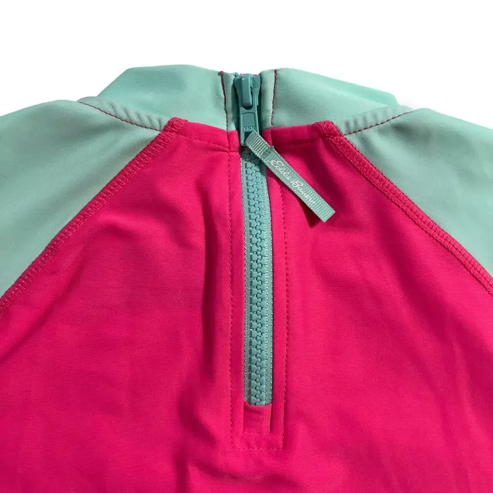 Eddie Bauer Girls Swimsuit Rashguard Top Short Sleeve Pullover Pink Green Medium